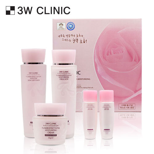 3W CLINIC Flower Effect Extra Moisturizing Skin Care Set (Softener+Emulsion+Cream) Available on Seoulbazaar, your online store for trendy korean products.
