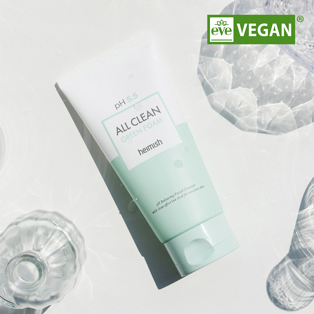 HEIMISH All Clean Green Foam 150g tube with vegan certification, gentle pH 5.5 formula for hydrating and calming skin without irritation.