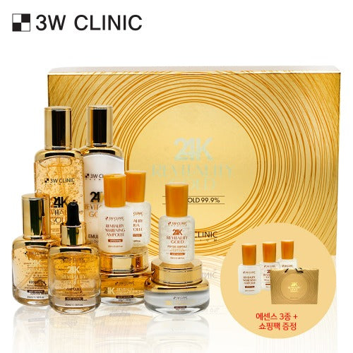 3W CLINIC Premium Revitality 24K Gold Set (Toner+Ampoule+Essence+Eye Cream+Emulsion+Cream+3Ampoules) Available on Seoulbazaar, your online store for trendy korean products.