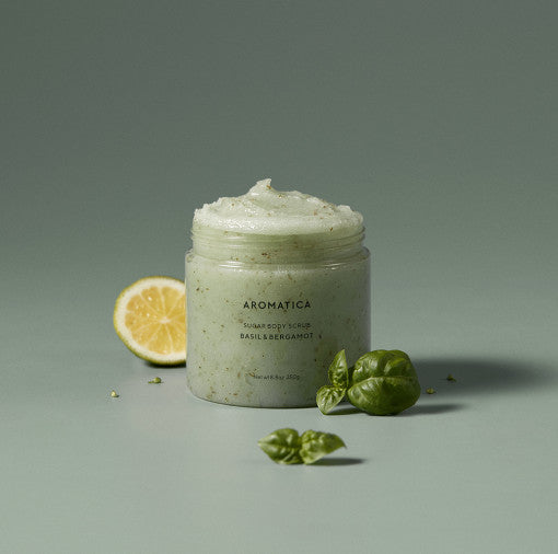 AROMATICA Basil & Bergamot Sugar Body Scrub 250g Available on Seoulbazaar, your online store for trendy korean products.