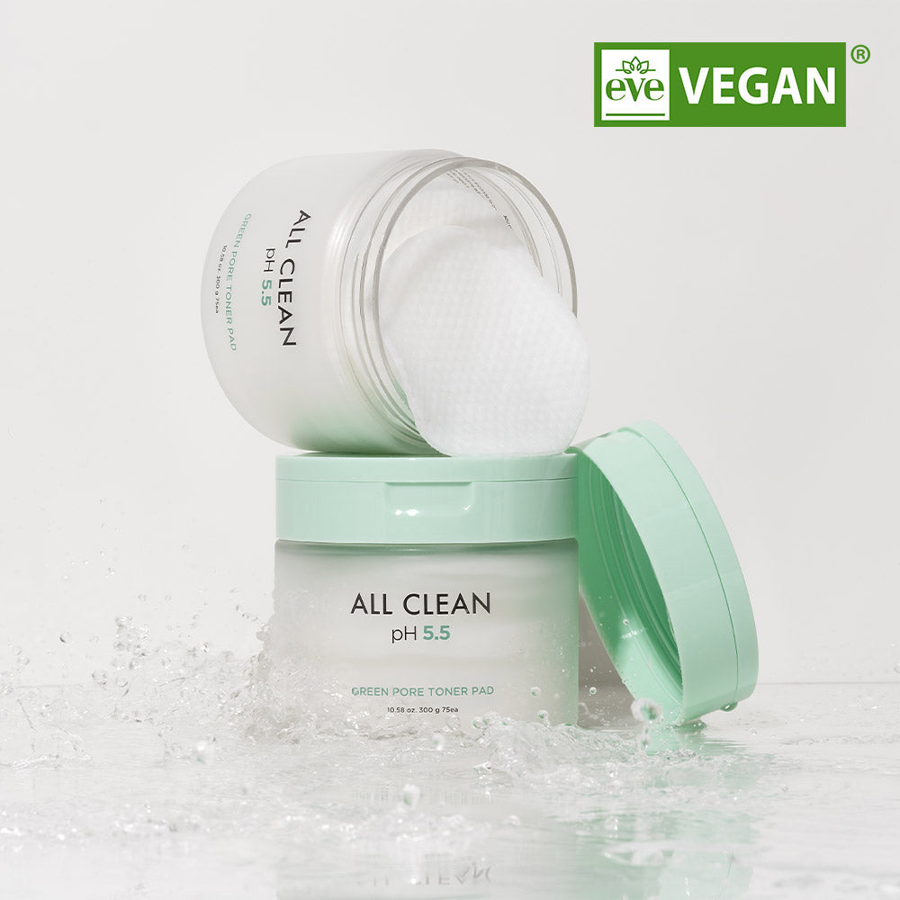 HEIMISH All Clean Green Pore Toner Pad 300ml with vegan label, showcasing pH 5.5 formulation; refreshing skincare product in open jar.