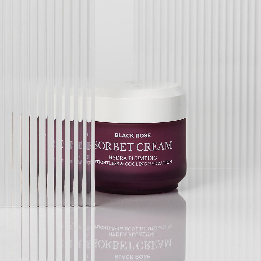 HEIMISH Black Rose Hydra Plumping Shavet Cream 50ml jar on a minimalistic background, highlighting luxurious packaging design.