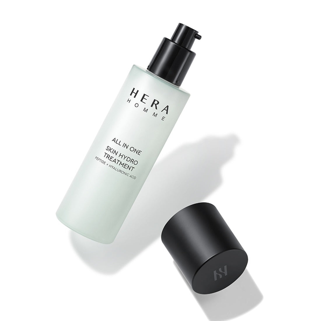 HERA Homme All-in-One Skin Hydro Treatment 150ml with cap off showcasing sleek design for men's skincare regimen.