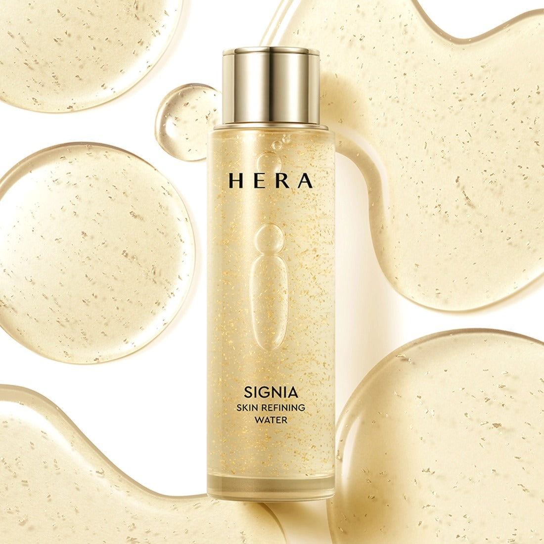 HERA Signa Skin refreshing Water 180ml product bottle against a background of texture swatches, highlighting skin hydration benefits.