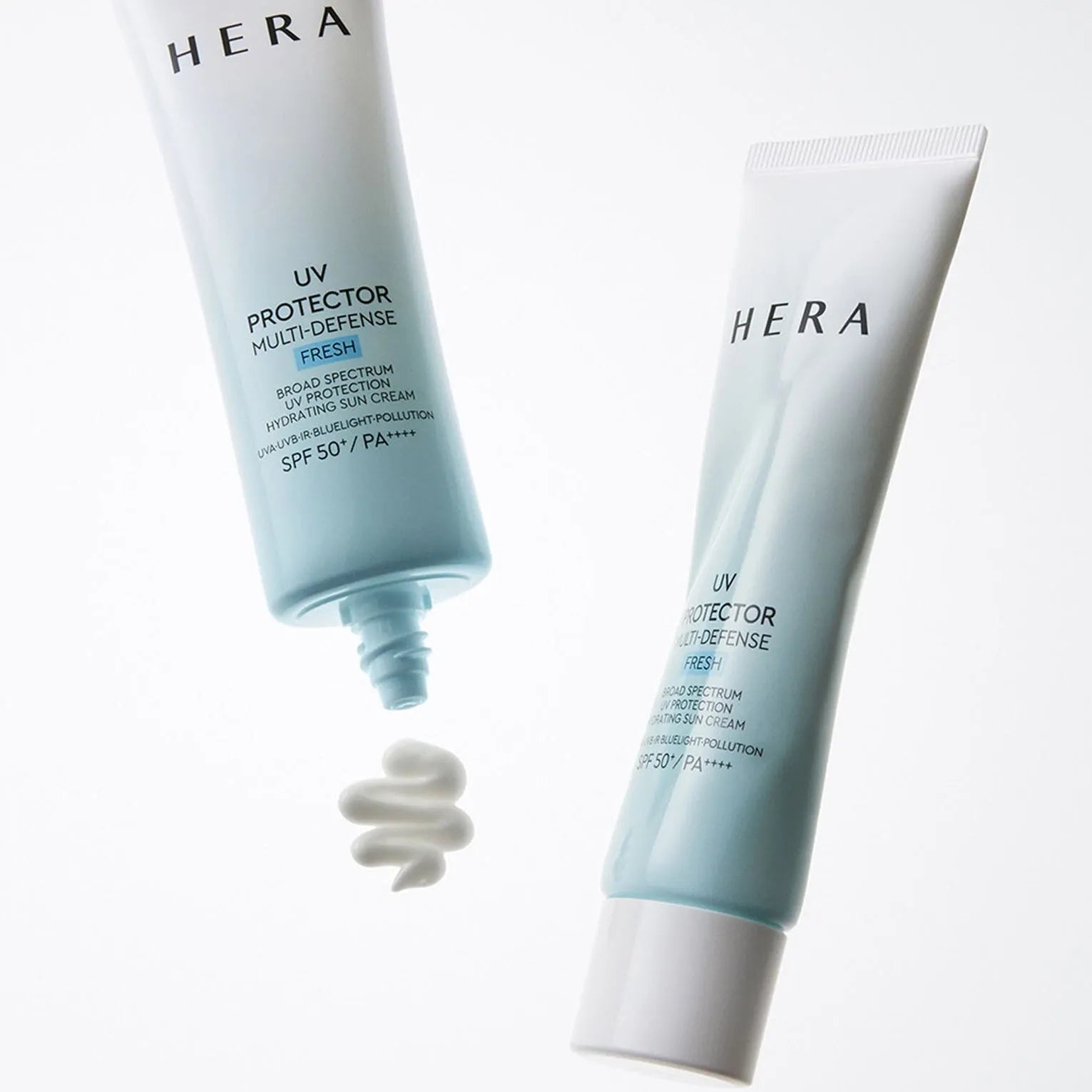 HERA UV Protector Multi-Defense Fresh SPF50+PA++++ 50ml, high-protection sun cream in light blue tubes against pollution, SPF50+
