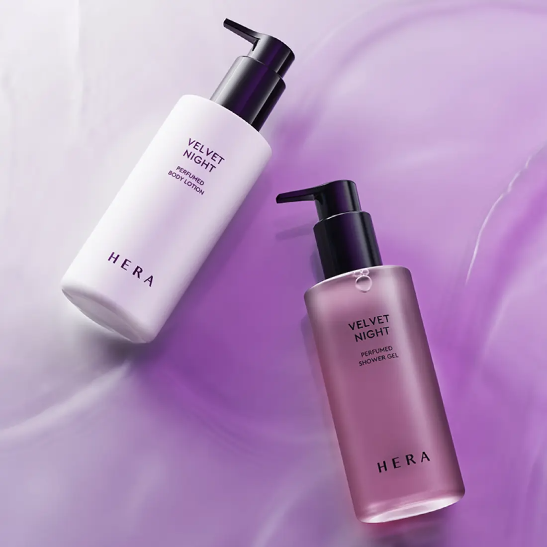 HERA Velvet Night Perfumed Body Lotion 230ml and Shower Gel on a purple background