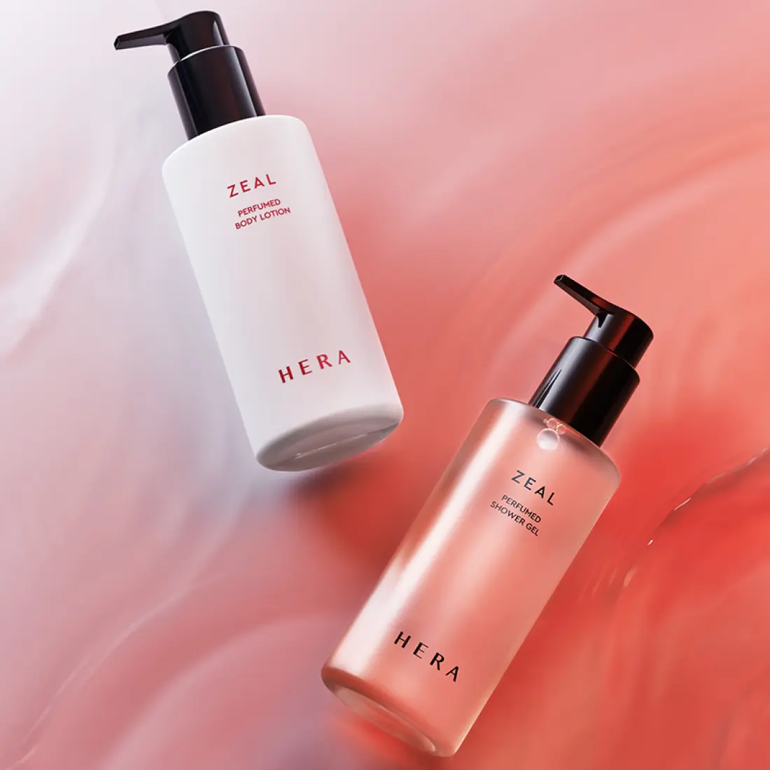 HERA Zeal Blooming Perfumed Shower Gel 250g with matching perfumed body lotion on a stylish background.