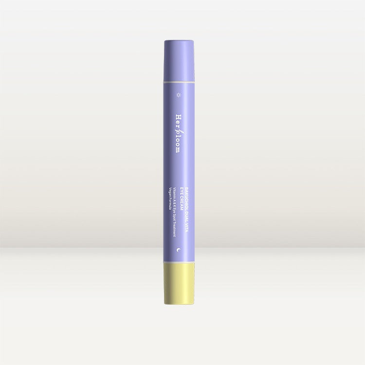 HERBLOOM Bakuchiol Dual Vita Eye Cream in sleek purple and yellow tube packaging.