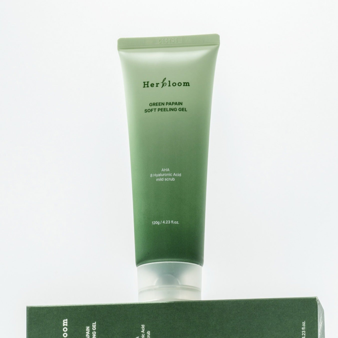 HERBLOOM Green Papain Soft Peeling Gel 120g in green packaging, designed to gently exfoliate and renew skin with natural papain enzymes.