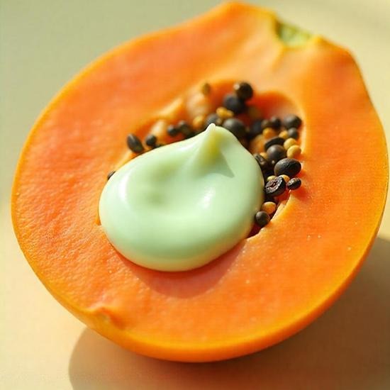 HERBLOOM Green Papain Soft Peeling Gel 120g on fresh papaya half