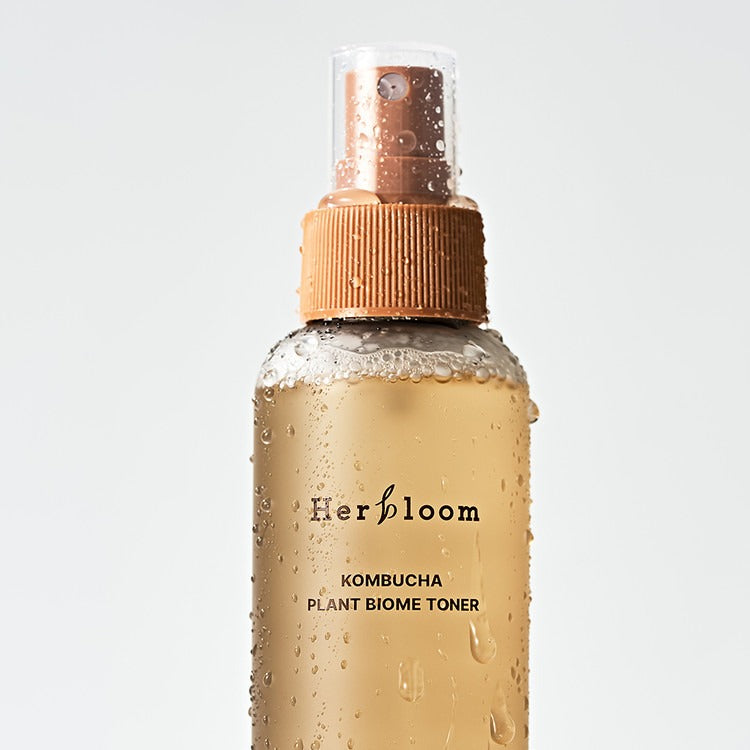 HERBLOOM Kombucha Plant Biome Toner 150g bottle with moisture droplets on translucent packaging
