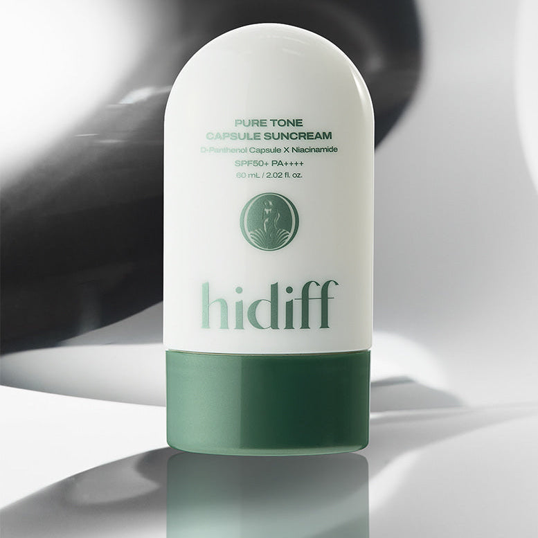 HIDIFF Pure Tone Capsule Sunscreen on display with elegant packaging design, emphasizing SPF50+ protection and skincare benefits.