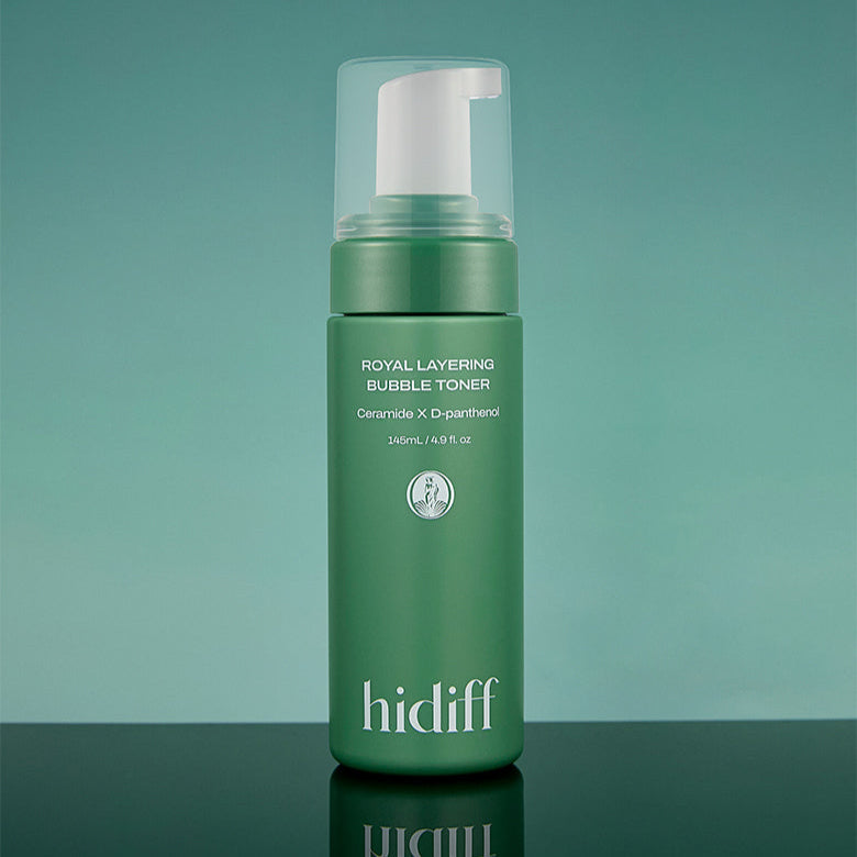 HIDIFF Royal Layering Bubble Toner in green bottle with pump dispenser on a glossy surface.