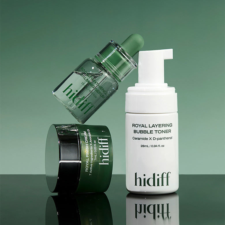HIDIFF Sensitivity 7-day experience kit featuring skincare products with ceramide and D-panthenol on a green background