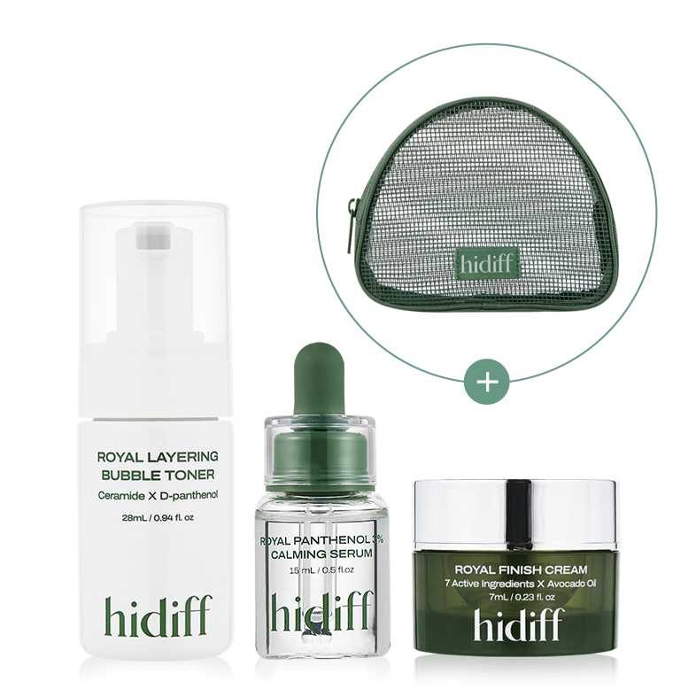 HIDIFF Sensitivity 7-day experience kit including toner, serum, cream, and travel pouch.