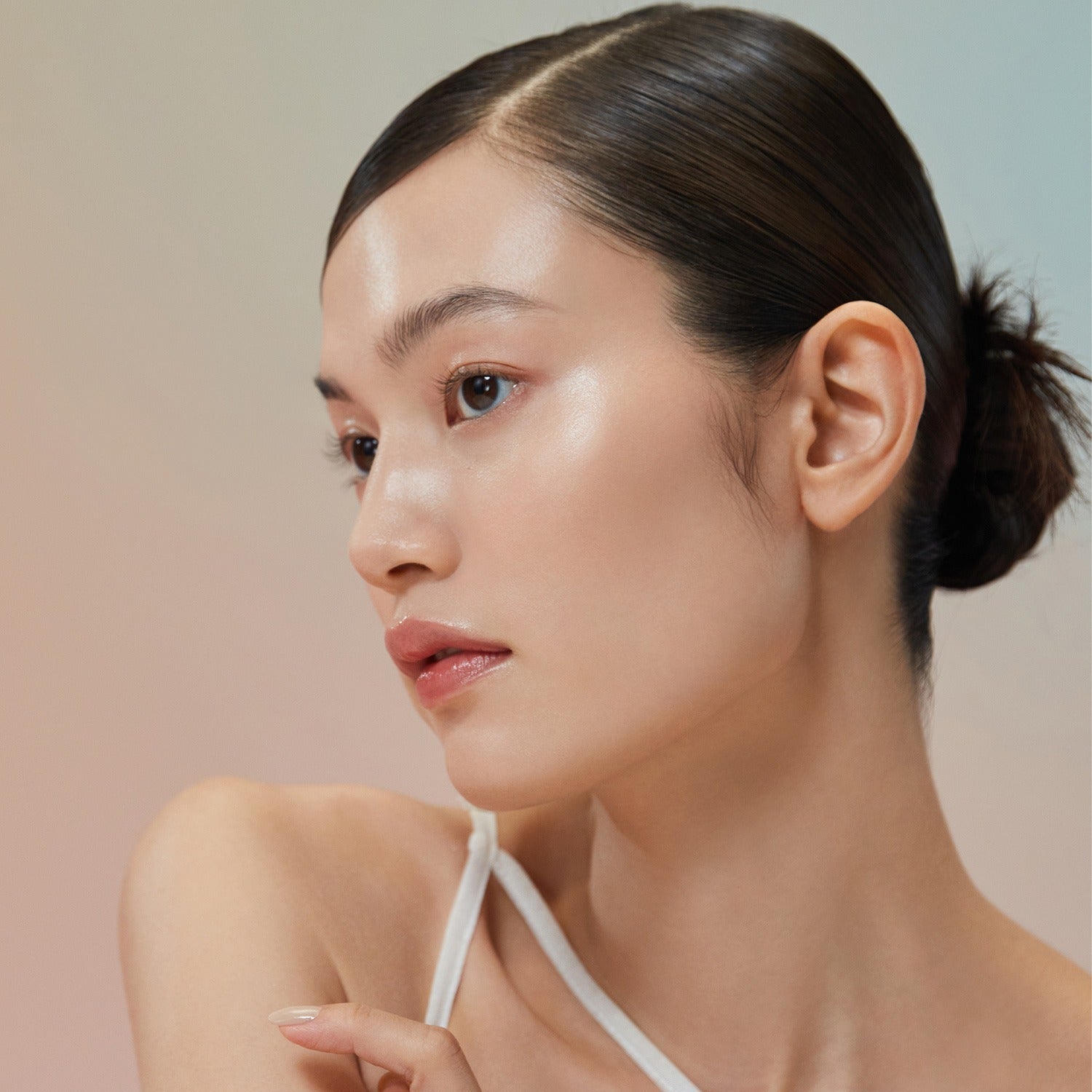 Model showcasing radiant skin with HINCE Second Skin Glow Cushion 12g application, demonstrating natural beauty and dewy finish.