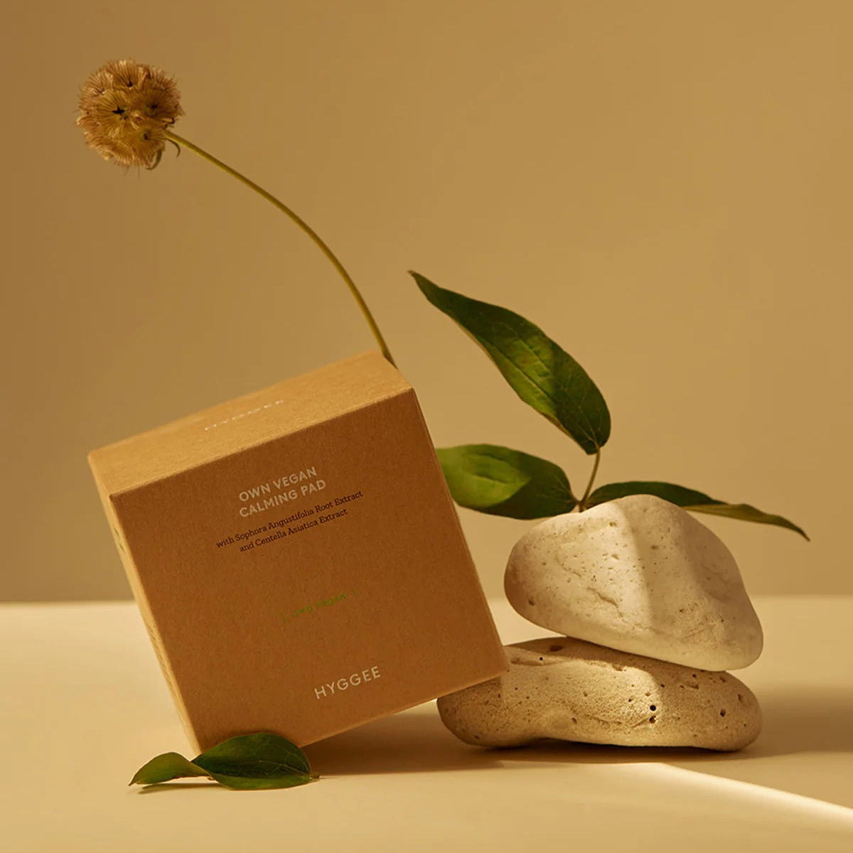 HYGGEE Own Vegan Calming Pad 70 Pads placed elegantly with natural stones and greenery for a tranquil display.