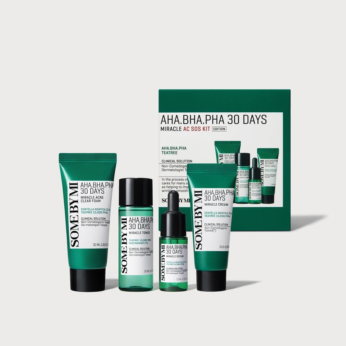 SOME BY MI AHA.BHA.PHA Miracle Acne SOS Kit (Foam+Toner+Serum+Cream) Available on Seoulbazaar, your online store for trendy korean products.