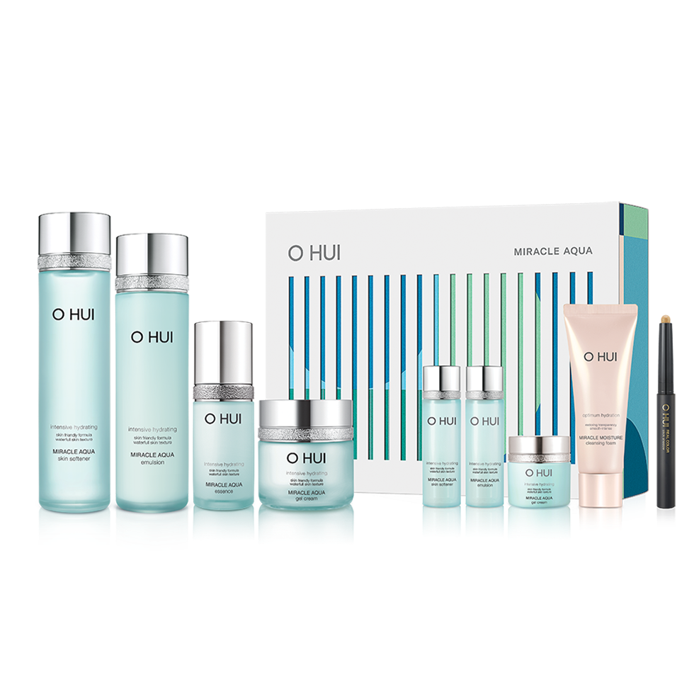 OHUI Miracle Aqua Set (Skin Softener, Emulsion, Essence, Gel Cream, Hyaluronic Water Patch) Available on Seoulbazaar, your online store for trendy korean products.