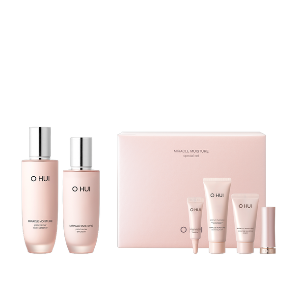 OHUI Miracle Moisture Pink Barrier Special Set (Softener, Cream, Foam, Emulsion, Essence, Mini Lipstick) Available on Seoulbazaar, your online store for trendy korean products.