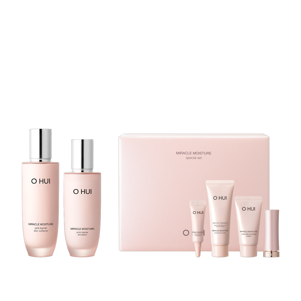 OHUI Miracle Moisture Pink Barrier Special Set (Softener, Cream, Foam, Emulsion, Essence, Mini Lipstick) Available on Seoulbazaar, your online store for trendy korean products.