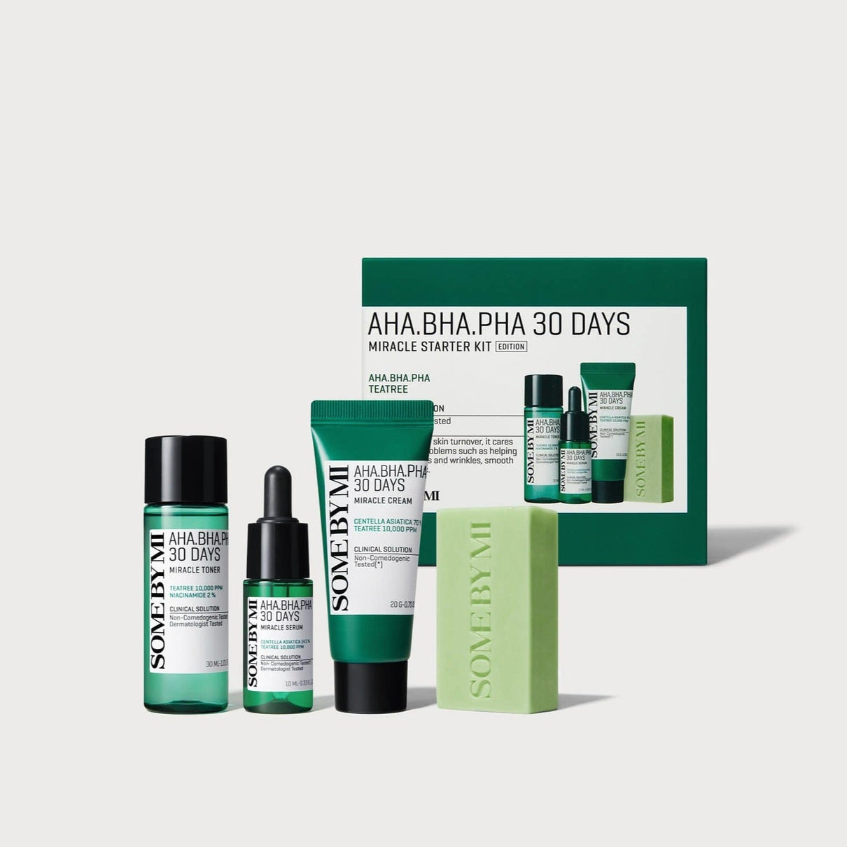 SOME BY MI AHA.BHA.PHA Miracle Starter Kit (Cleansing Bar+Toner+Serum+Cream) Available on Seoulbazaar, your online store for trendy korean products.