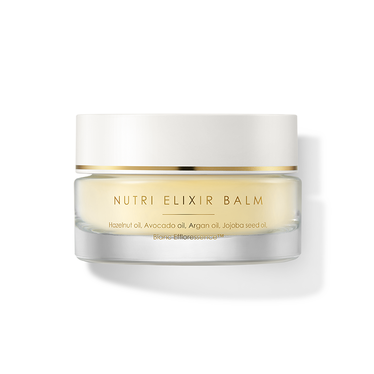 HOLITUAL Nutri Elixir Balm 28ml glass jar with nutrient-rich blend, featuring hazelnut, avocado, argan, and jojoba oils.