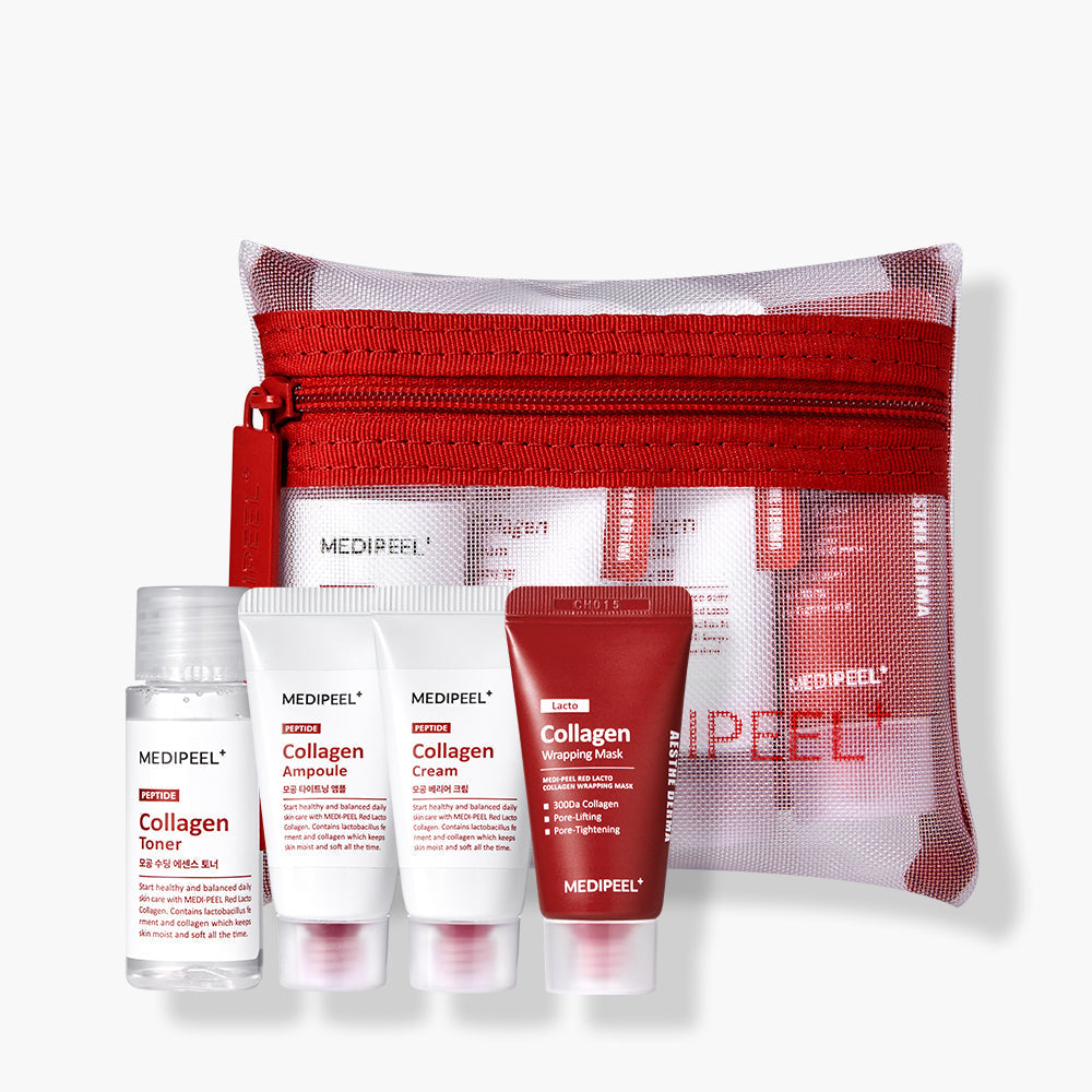 MEDIPEEL Red Lacto Collagen Skincare Trial Kit (Toner+Ampoul+Cream+Mask) Available on Seoulbazaar, your online store for trendy korean products.