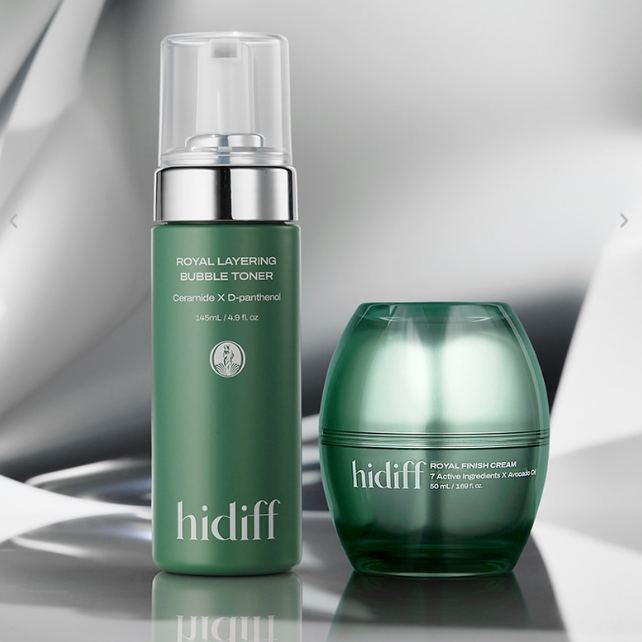 HIDIFF Royal Layering Bubble Toner & Royal Finish Cream set showcasing premium skincare packaging.
