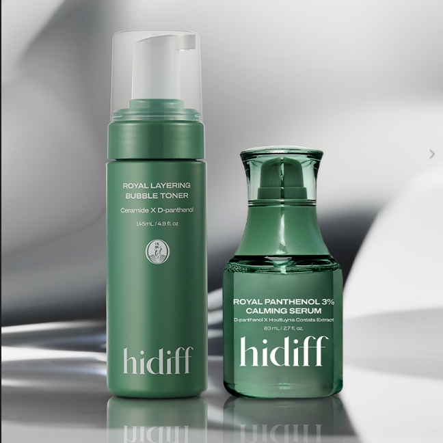 HIDIFF Panthenol Rapid Soothing Set featuring calming serum and toner in green bottles.