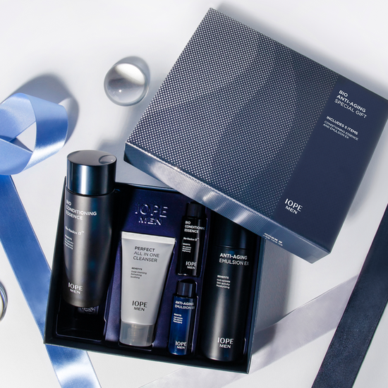 IOPE Men Bio Anti-Aging Set (Essence, Emulsion, Cleanser) Available on Seoulbazaar, your online store for trendy korean products.